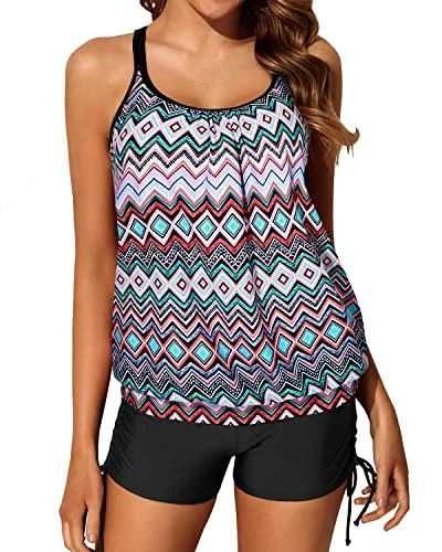 SwimprintSporty Women's Blouson Tankini Swimsuit Criss Cross Back Boy Shorts-Black Tribal