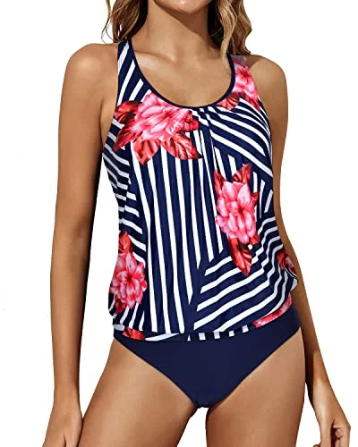 SwimglamourLoose Fit Two Piece Tankini Bathing Suits For Women Tummy Control-Blue Floral