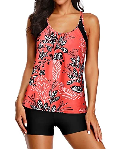 SwimracerbackAthletic Tank Top Boy Shorts Two Piece Tankini Swimsuits For Women-Red Floral