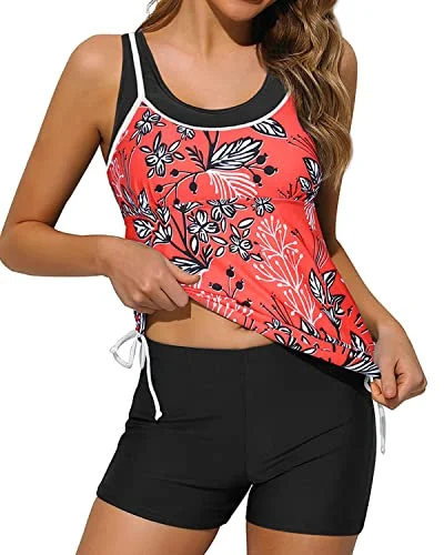 SwimclassicAdjustable Shoulder Straps Tankini Swimsuits Shorts Slimming Swimwear-Red Floral