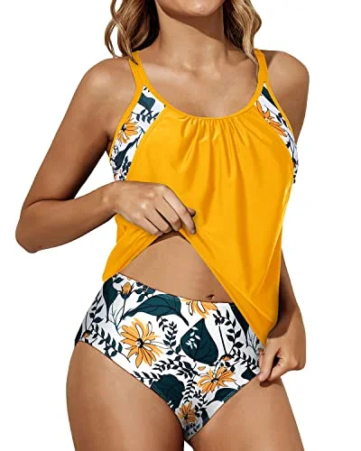 SwimfutureO-Ring Back Sports Bra Tankini Swimsuits For Women-Yellow Floral