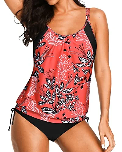 SwimnewAthletic Two Piece Blouson Tankini Swim Tops Bikini Bottoms-Red Floral