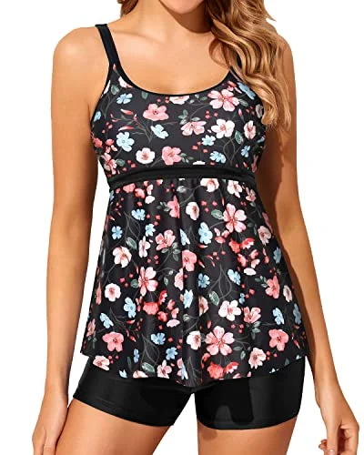 SwimstretchModest Tankini Swimsuits For Women Two Piece Bathing Suits Boy Shorts-Black Floral