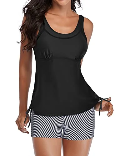 SwimtieWomen's Padded Push Up Two Piece Tankini Swimsuits-Black Stripe