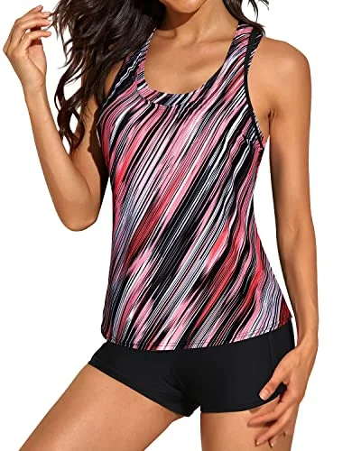 Swimfresh3 Piece Athletic Tankini Swimsuits Shorts For Women-Black And Pink Stripes