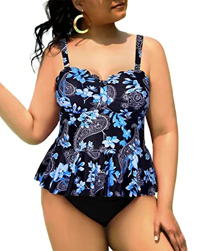 SwimglowPlus Size 2 Piece Tankini Swimsuits Tummy Control Bathing Suits-Black Floral