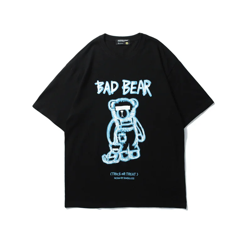 Polyester T-Shirts2021 Summer New Ins Tide Brand Creative Graffiti Bear Print Short-Sleeved T-Shirt Male Loose Half-Sleeved round Neck T-Shirt