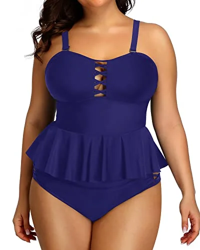 SwimflowPlus Size Swimsuits Tummy Control Two Piece Bathing Suits For Women-Navy Blue