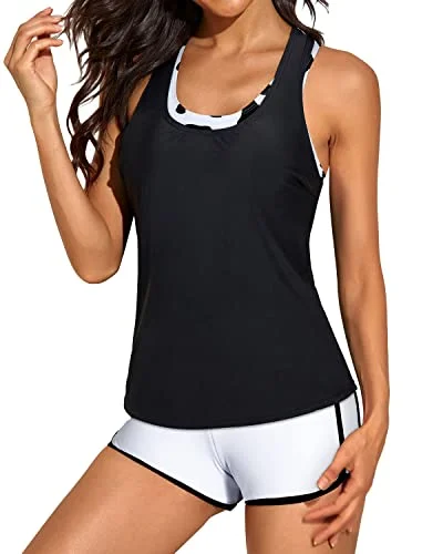 SwimwarmOpen Back Tankini Top Sports Bra And Boyshorts Bathing Suits 3 Piece Tankini-Black And White Cow