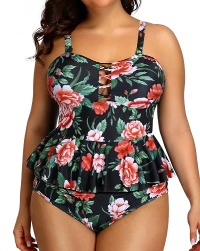 SwimprintRemovable And Adjustable Shoulder Straps Plus Size Swimsuits For Women-Black Floral