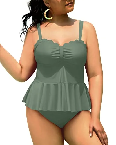 SwimvibeWomen's Ruffle Hem Peplum Tankini Top High Waisted Swim Bottom Swimsuits-Army Green