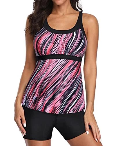 SwimnextAdjustable Shoulder Straps Two Piece Tankini Bathing Suits For Women-Black And Pink Stripes