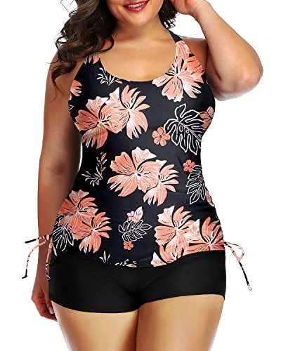 SwimretroFull Coverage Plus Size Bathing Suit For Women Two Piece Ruched Swimsuit-Black Orange Floral