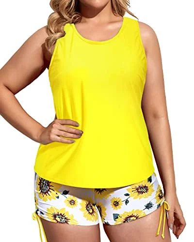 SwimmeshStylish Swimwear Slight Overlap Backless Tankini For Women-Yellow And Sunflower