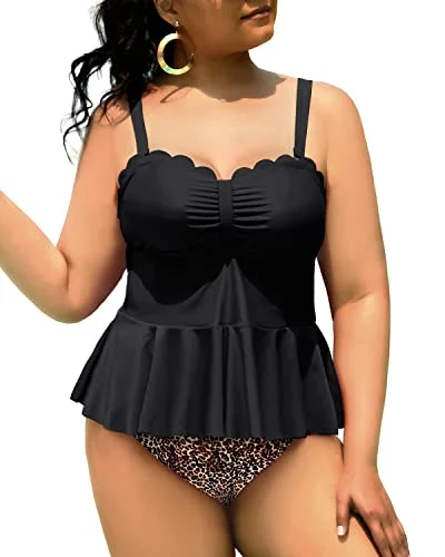 SwimwaveWomen's Adjustable Straps Removable Padded Bras Plus Size Tankini Swimsuits-Black And Leopard