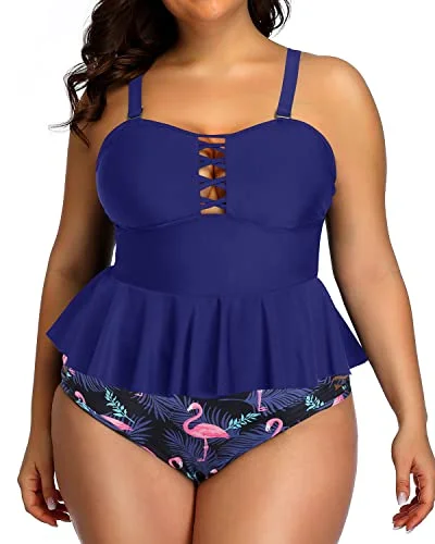 SwimlineLace Strappy Sides Bikini Bottoms Plus Size Swimsuits For Women-Blue Flamingo