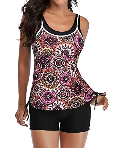 SwimslimSwim Top Drawstring Boyshorts 2 Piece Tankini Swimsuits-Brown Print