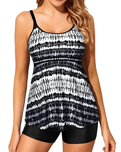 SwimmeshU Neck Slimming Swimsuits Two Piece Tankini Bathing Suits For Women-Black And White Tribal