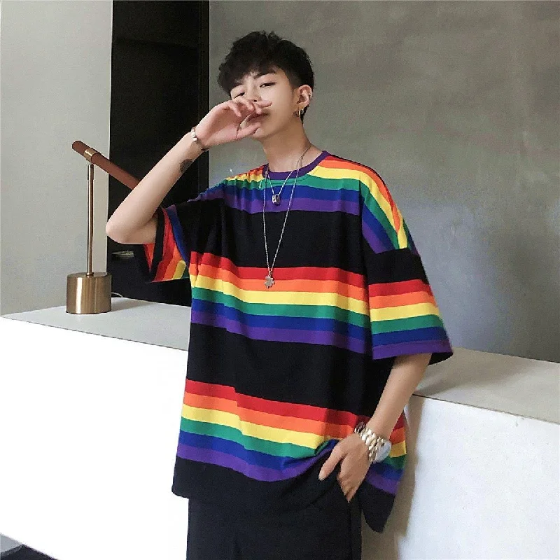 Asymmetrical T-ShirtsStriped contrast short-sleeved T-shirt