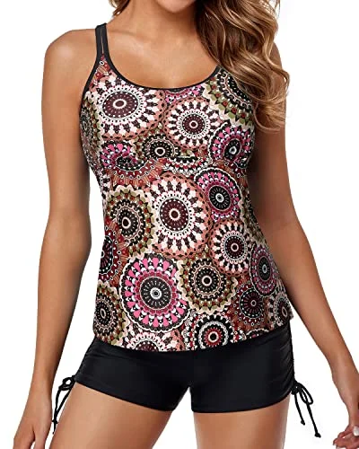 SwimwrapCross-Back Tankini Swimsuits For Women Tummy Control Shorts-Brown Print