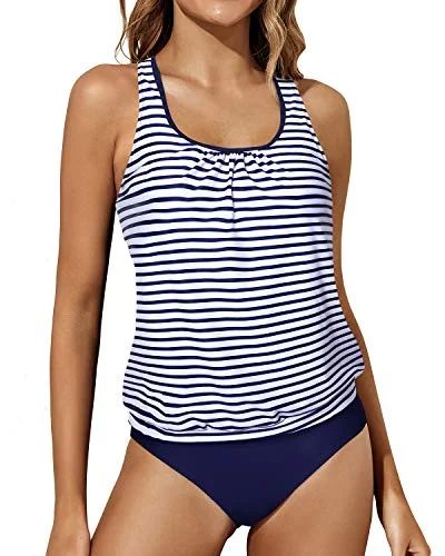 SwimshineWomen's Two Piece Swimsuit Tummy Control Tankini Bathing Suits Blouson Swimwear-Blue White Stripe