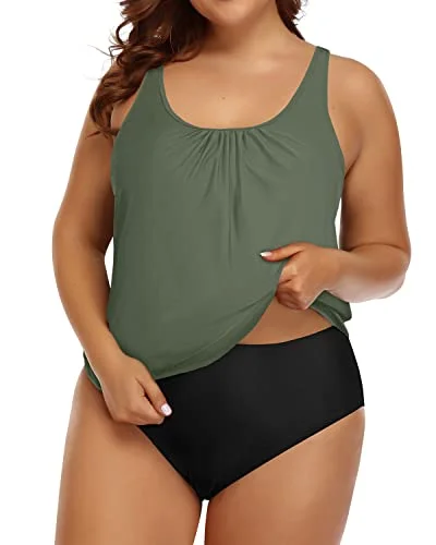 SwimtiePlus Size Two Piece Tummy Control Blouson Swimsuit For Women-Olive Green