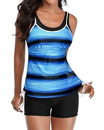 SwimtubeSlimming Swimwear Adjustable Shoulder Straps 2 Piece Tankini Swimsuits-Blue And Black Stripe