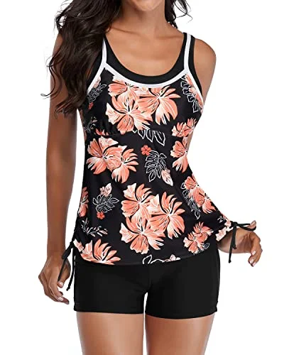 SwimbuttonWomen's Two Piece Tankini Swimsuits Shorts Athletic Bathing Suits-Black Orange Floral