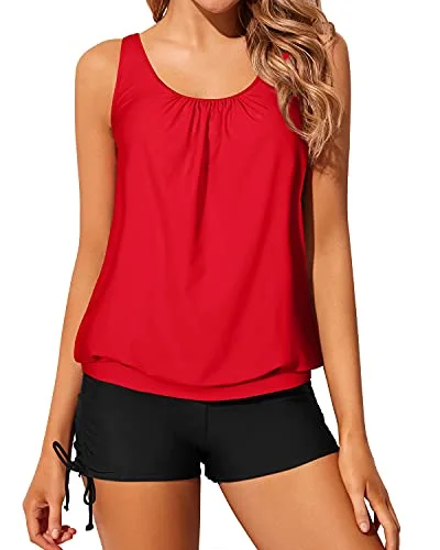 SwimcleanModest Loose Fit Blouson Tankini Swimsuits For Women Tops Boyshorts-Neon Red