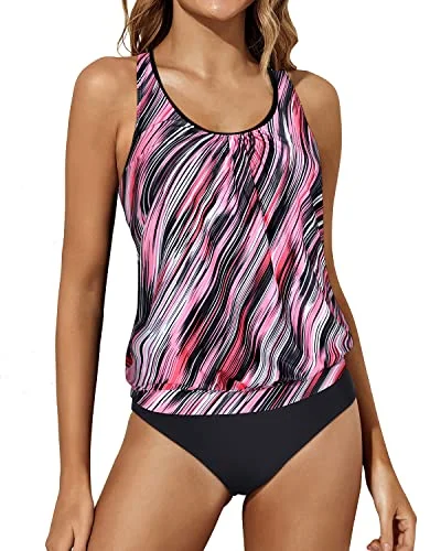 SwimwearRacerback Two Piece Tankini Bathing Suits For Women Tummy Control-Pink Stripe