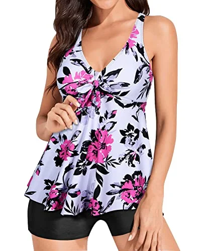 SwimbrightTwo Piece Modest Swimwear V Neck Tank Top And High Waisted Boyshort-White Floral