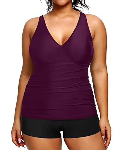 SwimbralettePlus Size Tankini Swimsuit Shorts Athletic Two Piece Swimwear-Maroon