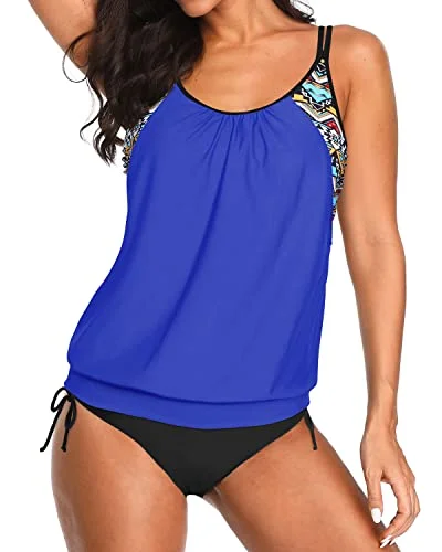 SwimedgeAdjustable Tie Side Shorts Blouson Tankini Swimsuits For Women-Blue