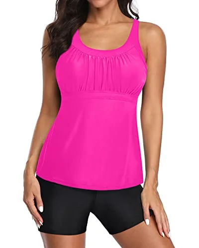 SwimpeakU Neck Swim Tank Top Athletic Tankini Swimsuits And Boyshorts Swimwear-Neon Pink And Black