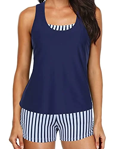 SwimformWomen's Tankini Swimsuits Shorts And Tank Tops Bra And Boyshorts-Navy Stripe