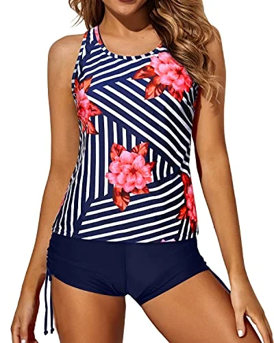 Swimwater3 Piece Swimsuits Tankini Swim Tank Top Bathing Suits Boy Shorts And Bra-Blue Floral