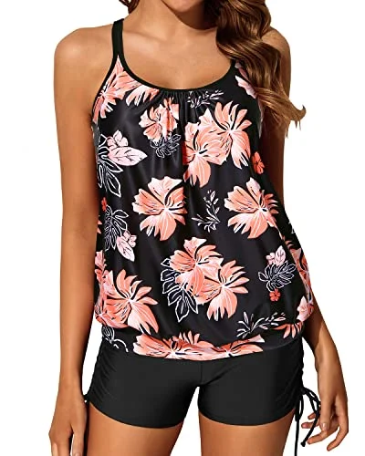 SwimhueBlouson Push Up Padded Bra Swimsuits Adjustable Shoulder Straps-Black Orange Floral