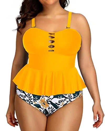 SwimlightLace Up Modest Coverage And Support Swimsuits For Women-Yellow Floral