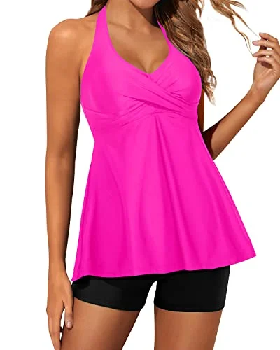 SwimlineOpen Back Detail Tankini Swimsuits For Women Shorts-Neon Pink And Black