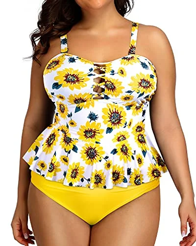 SwimquickdryLace Up High Waisted Swimwear For Women Bandeau Top-Yellow And Sunflower