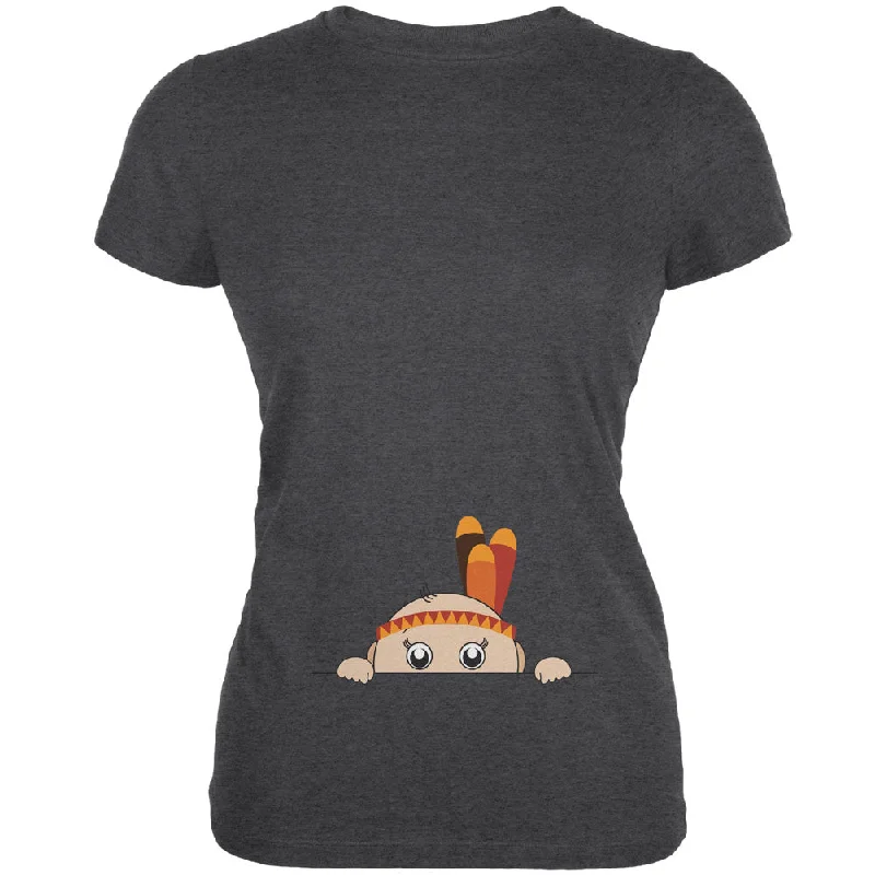 Yoga T-ShirtsPeeking Baby Thanksgiving Indian Juniors Dark Heather Soft T-Shirt