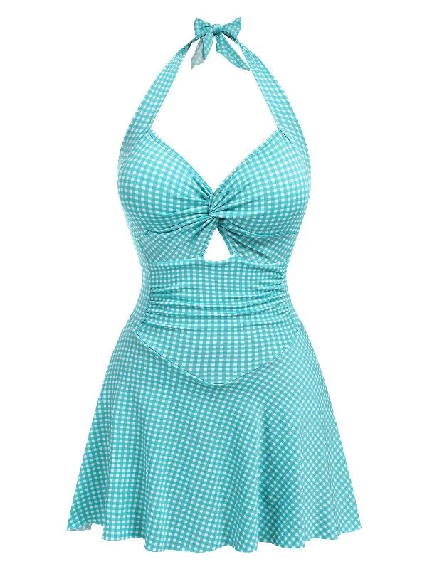 Blue Green 1930s Plaid Halter One-Piece Swimsuit