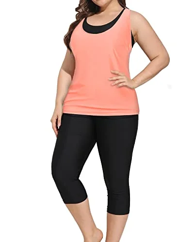 SwimcrisscrossPlus Size Swimsuits For Women Tankini Tops Sports Bra & Swim Capris-Coral Pink