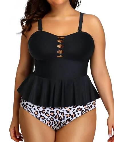 SwimdesignLace Up Modest Coverage Plus Size Swimsuits For Women-Black And Leopard