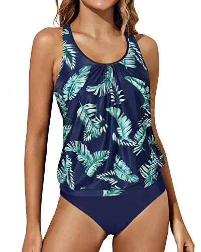 SwimlightAthletic Tankini Bathing Suits Tank Tops Bottoms Blouson Swimwear For Women-Blue Leaves