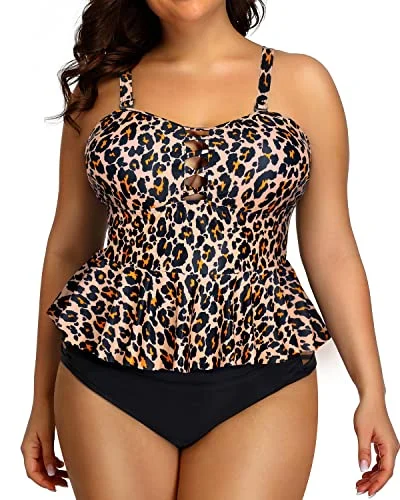 SwimvibeRetro Ruffle Tankini Tops Lace Strappy Sides Bikini Bottoms For Women-Brown Leopard