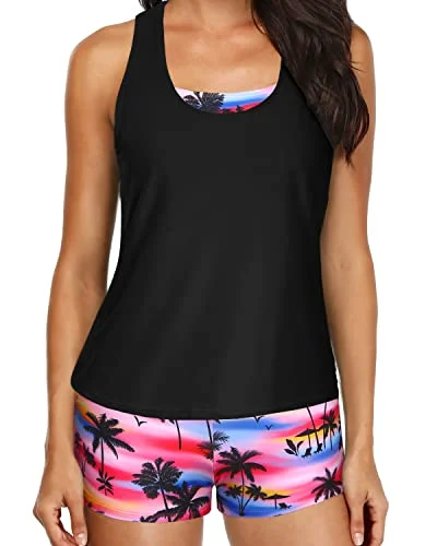 SwimvibeWomen's Cutout Back Tankini Top And Summer Beach Swimsuits-Black Palm Tree