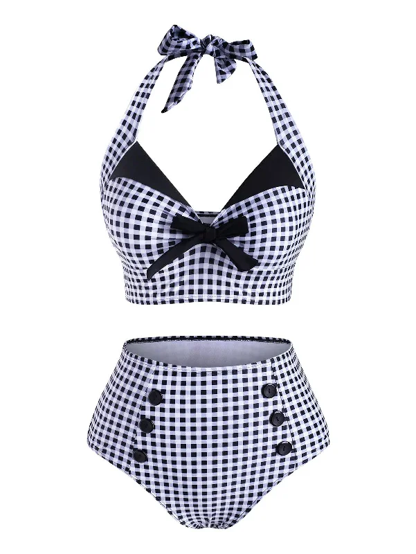 Black 1950s Gingham Halter Bowknot Bikini Set