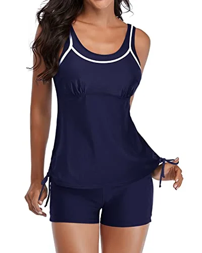 SwimwideSlimming Two Piece Tankini Swimsuits Shorts For Women-Navy Blue