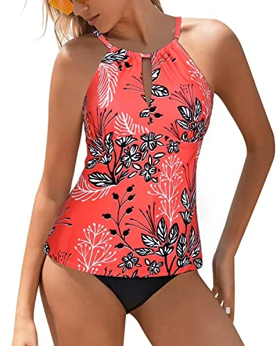 SwimbuttonWomen's High Neck Tankini Swimsuits Tummy Control Bathing Suits-Red Floral